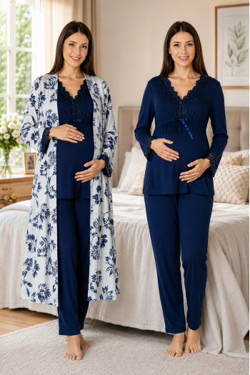 Effortt 8094 Lacivert Lohusa Hamile Pijama Takım Sabahlık